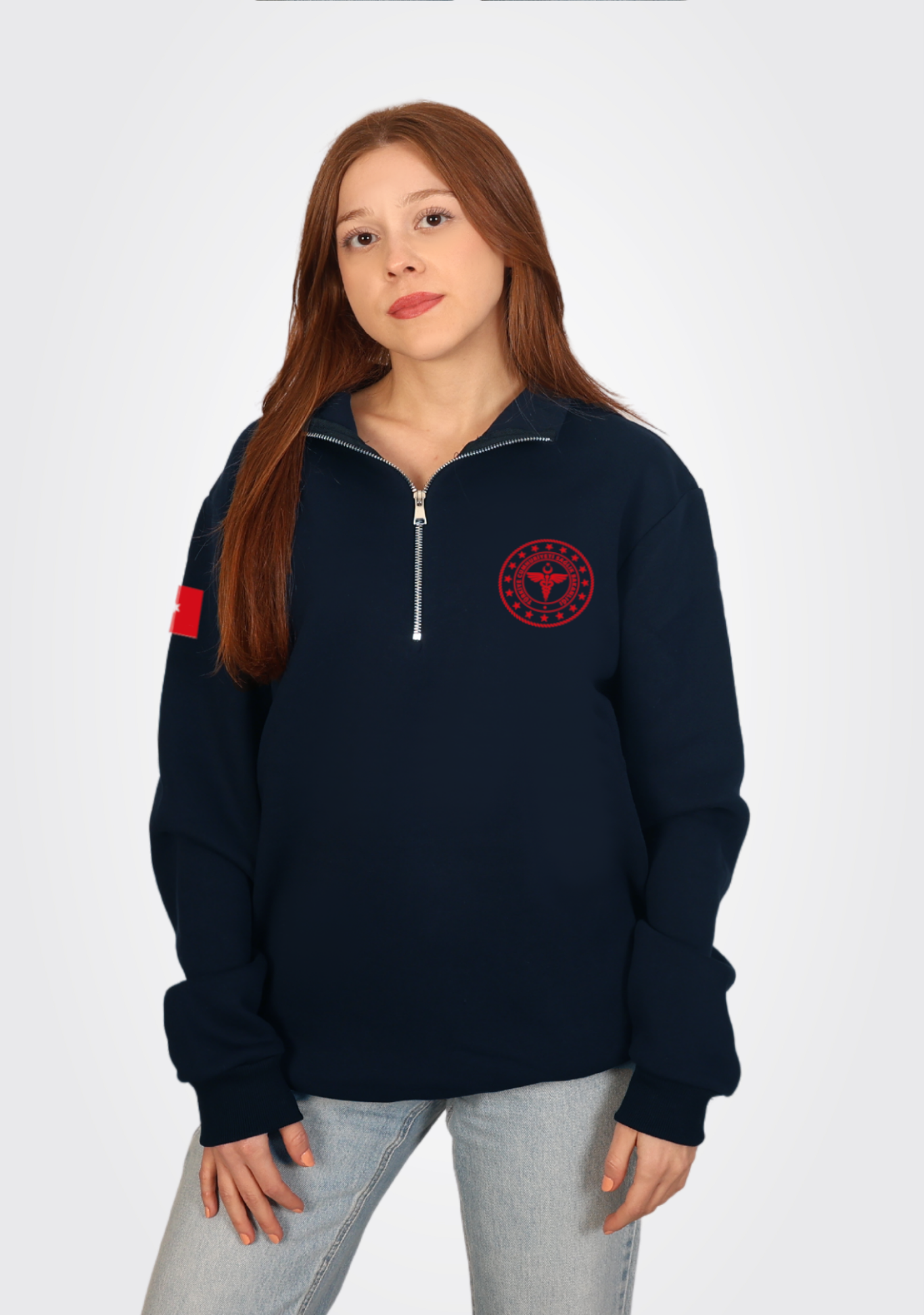 112 Acil Sağlık Yarım Fermuar Lacivert Oversize Dik Yakalı Polarlı Sweatshirt