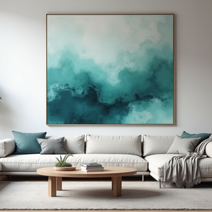 light grey living room styled with a digital art gallery