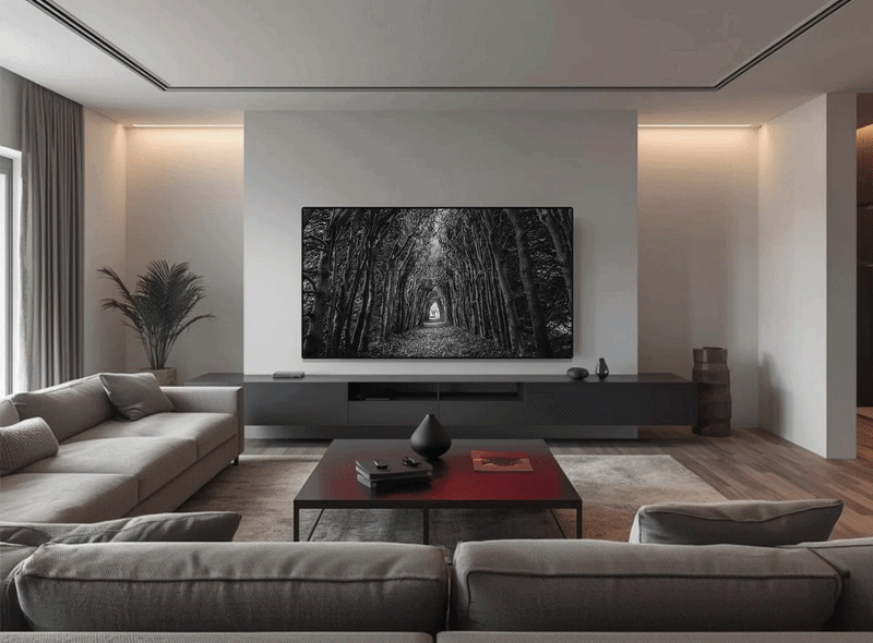 modern living room with minimalist furniture and large black and white forest artwork, gallery wall layout ideas modern homes