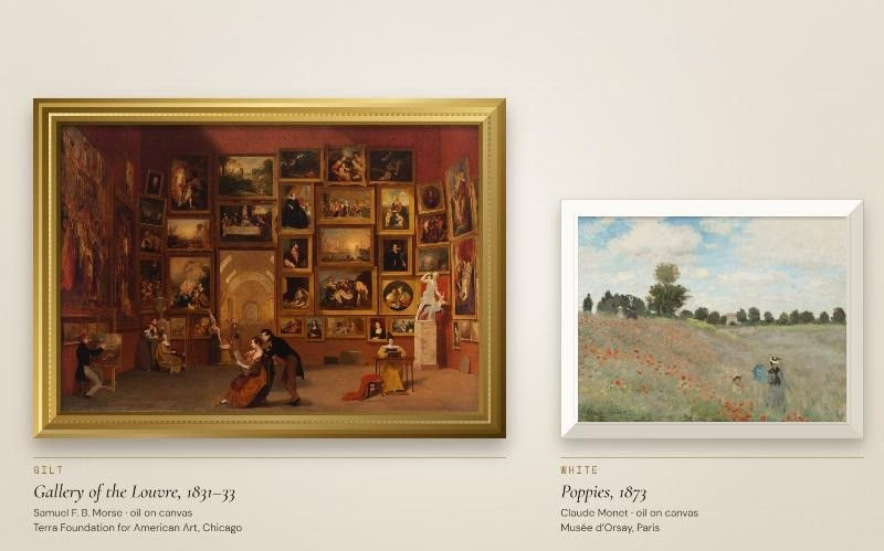 Left, a 19th-century painting of a museum gallery hung with gold-framed Old Master paintings. Right, a landscape in a simple white frame.