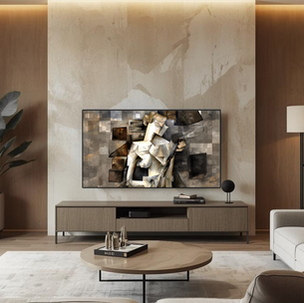 Modern living room with warm wood paneling and soft ambient lighting, featuring a wall-mounted smart TV displaying abstract digital art above a minimalist console, complemented by a neutral sofa, round coffee table, floor lamp, and indoor plant for a refined, gallery-like atmosphere.