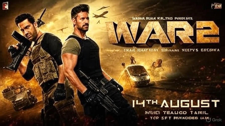 Two armed men stand against a fiery, action-packed background with helicopters and vehicles. Text reads: "WAR 2", "14th August".