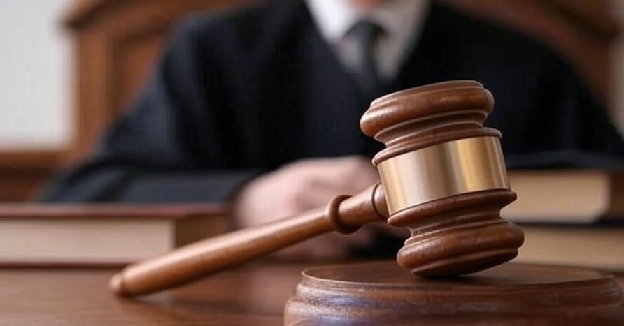 A judge in a black robe sits behind a wooden gavel on a desk with books, in a courtroom setting, conveying authority and seriousness.