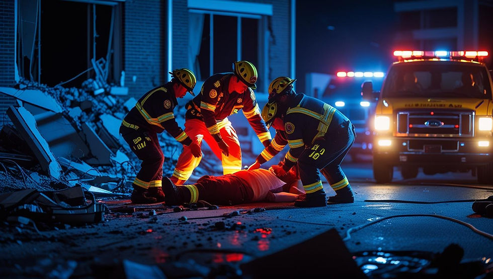 Firefighters in yellow helmets assist a person lying on debris at night. A rescue vehicle with flashing lights is in the background.