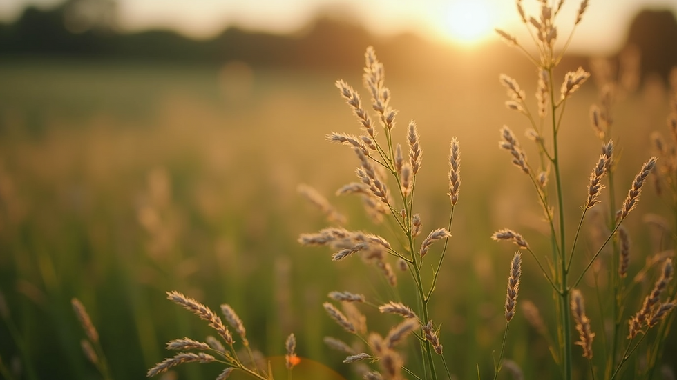 Close-up of sunlit grass in a field at sunset, with a warm golden glow and blurred background, creating a tranquil and serene mood.