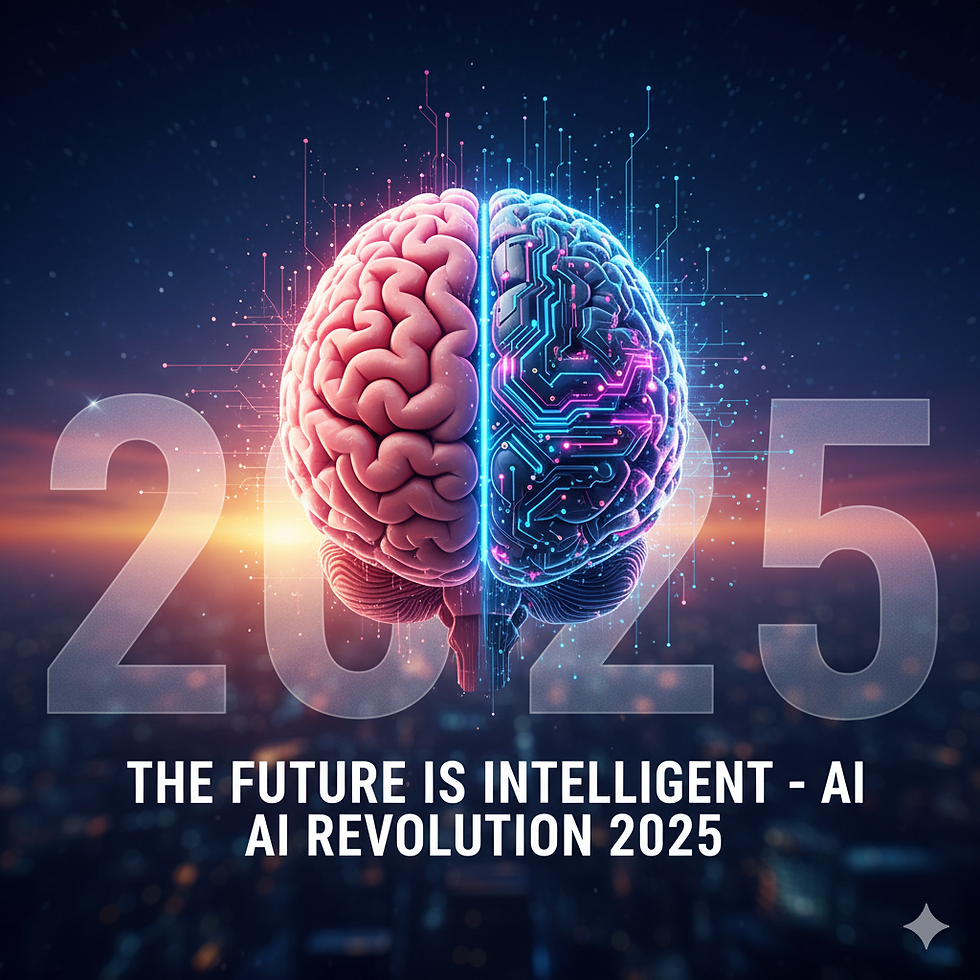 Digital brain with circuit pattern and "AI revolution 2025" text on a dark blue background, skyline silhouette below. Futuristic theme.
