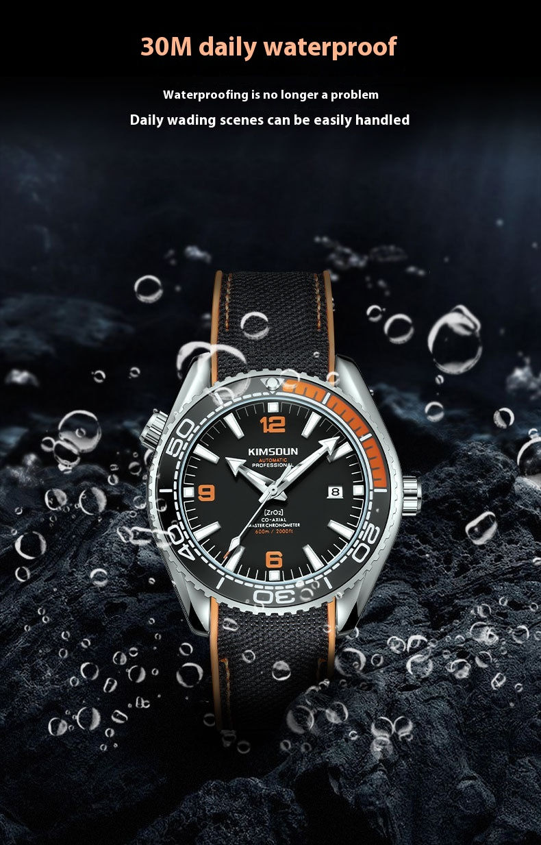 A sleek wristwatch with a black and orange design is submerged in water, showcasing its waterproof capability. Text highlights "30M daily waterproof."