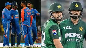 Cricketers in blue and orange uniforms engage in discussion. Two players in green jerseys stand together, displaying team logos.