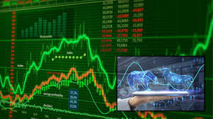 Green and red financial graphs with numbers in the background. Inset shows holographic bull and bear on a tablet, indicating trading mood.