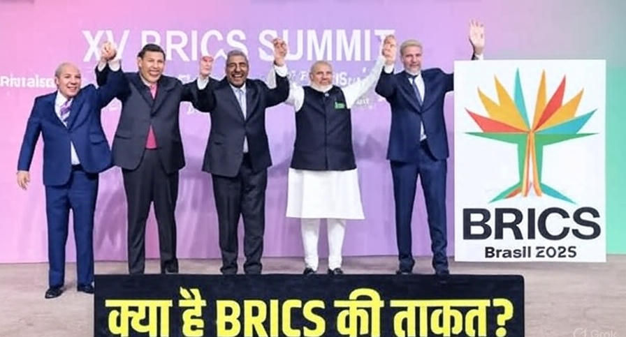Five leaders stand on stage at the XV BRICS Summit, holding hands. A sign reads "BRICS Brasil 2025" and text below in Hindi.