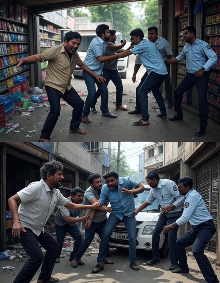 Five men in blue shirts cheer one man in beige blocking a white car on a narrow street with colorful snacks displayed on the sides.