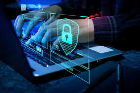 Hands typing on a laptop with digital security holograms, including a lock symbol. Blue and black tones create a high-tech atmosphere.