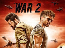 Two men stand back-to-back under a red sky with fighter jets. Text "WAR 2" is prominent. Intense and action-packed atmosphere.