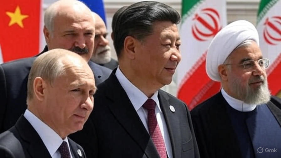 Four men stand in a line, wearing suits and a turban. Background features red and green flags. The mood is formal and composed.