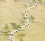 A winding path crosses a beige landscape with sparse trees. Footprints lead into the distance. "जीवन यात्रा" text is at the top.