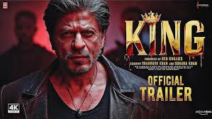 Man with intense expression in leather jacket, red background. Large text reads "KING" and "OFFICIAL TRAILER." Mood is dramatic.