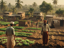 Farmers in a lush green field, village huts in the background under palm trees, warm morning light creates a peaceful rural scene.