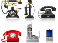 A collection of six vintage to modern telephones on a white background, featuring rotary, dial, and mobile designs in black, red, and white.