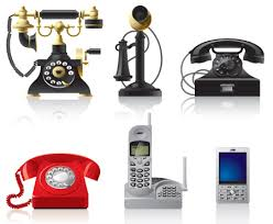 A collection of six vintage to modern telephones on a white background, featuring rotary, dial, and mobile designs in black, red, and white.