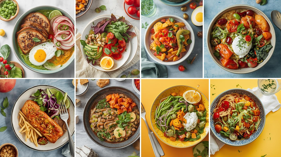 A collage of eight vibrant bowls with colorful salads, eggs, avocado, and grilled items on varied backgrounds, creating a fresh, appetizing scene.