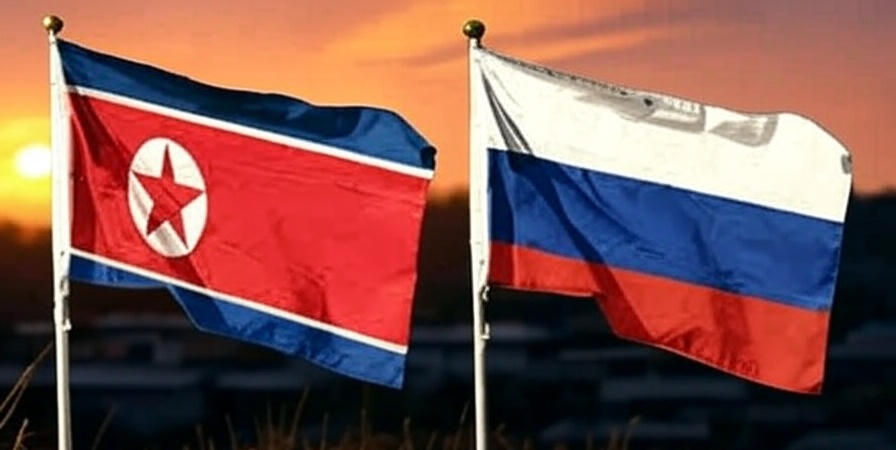North Korean and Russian flags side by side at sunset. The North Korean flag is red with a star, and the Russian flag is white, blue, and red.