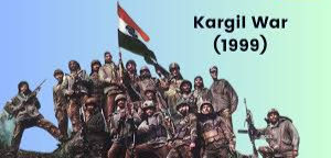 Soldiers in uniform stand together with an Indian flag against a blue and green gradient background. Text reads "Kargil War (1999)."