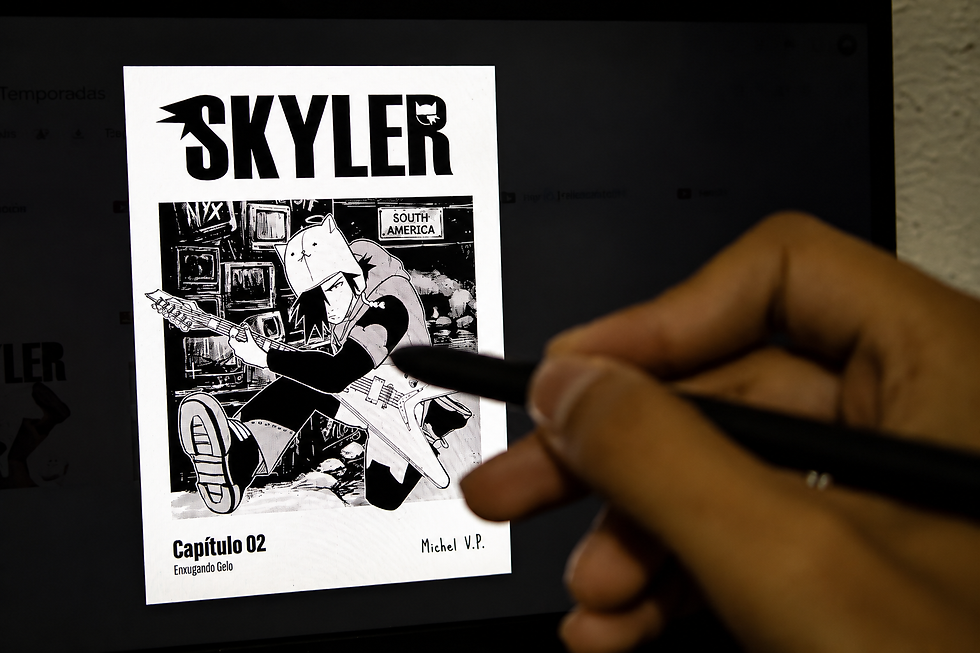 Michel trabalha digitalmente na produção de “Skyler”.