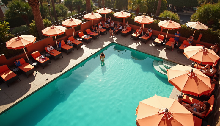 High angle view of a lively Las Vegas pool party with colorful umbrellas and people enjoying the sun