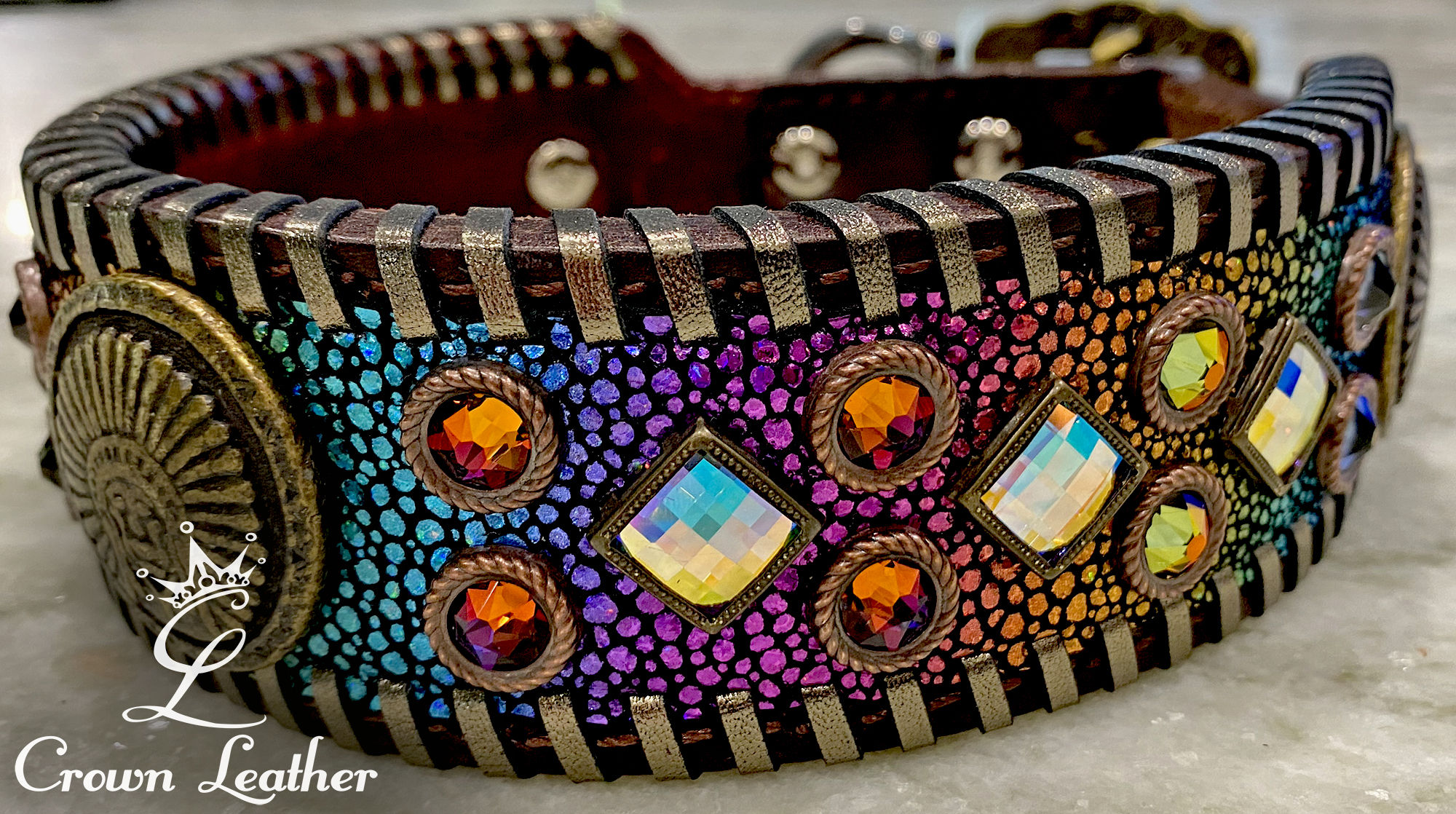 Rainbow Stingray & Bronze Whipstitch Dog Collar 16"-19"