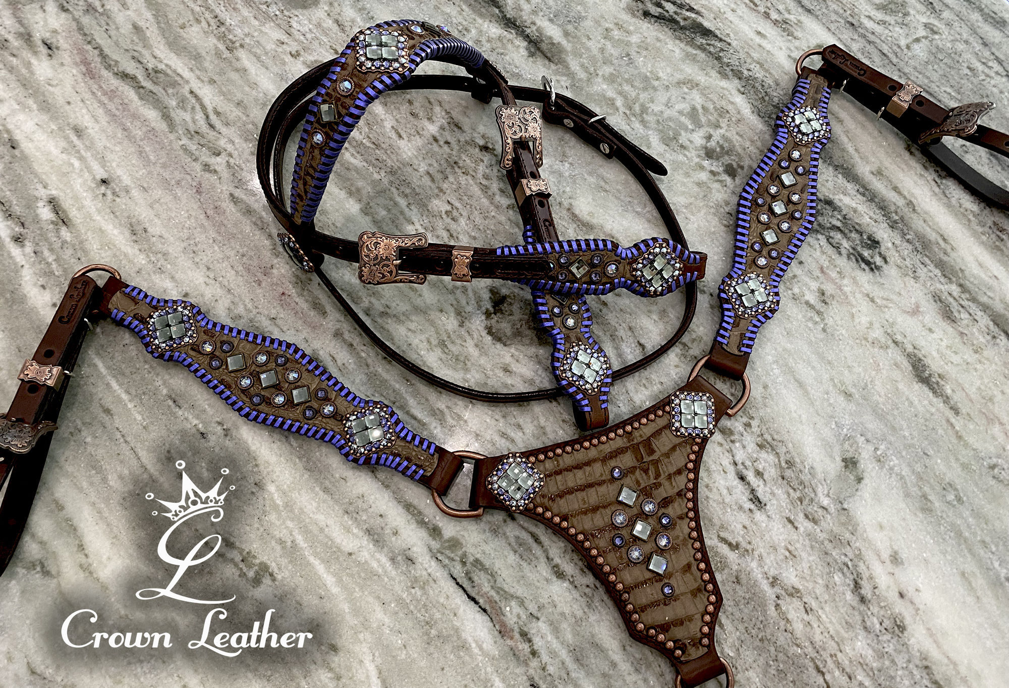 Purple & Blue Metallic Whipstitch Leather Centerplate Set