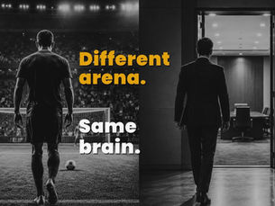 Split image of a footballer preparing to take a penalty and a professional approaching an interview room, representing performance under pressure