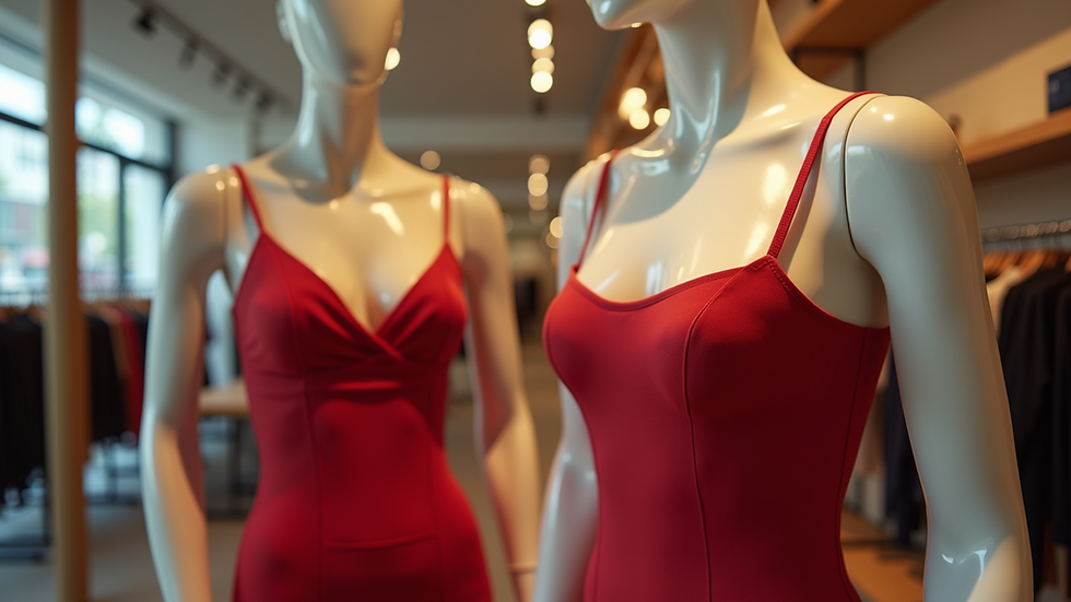 Eye-level view of a mannequin wearing a red bodycon dress in a boutique
