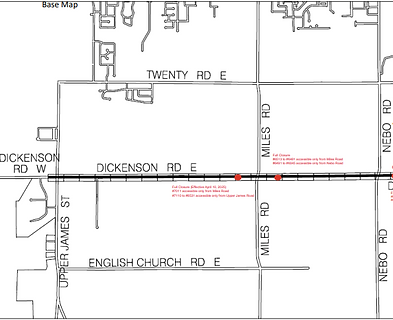 map of closure on dickenson road showing closure between upper james and miles road.