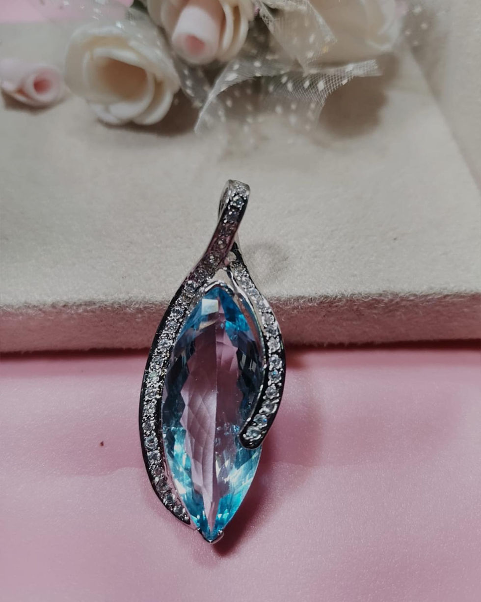 Thumbnail: Natural Swiss Blue Topaz Sterling Silver Pendant | CZ Necklace 