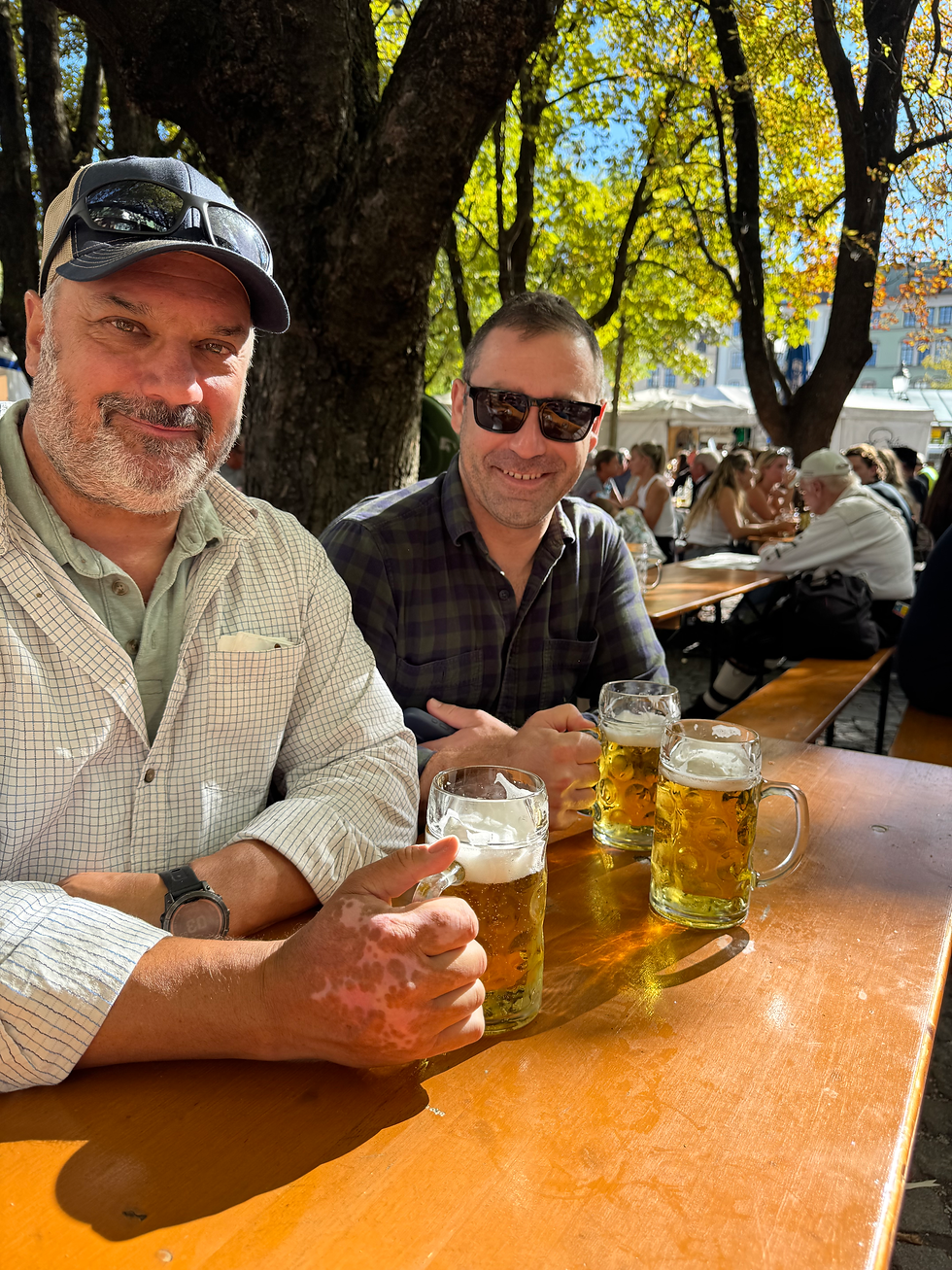 Jim & Rob enjoying lagers at the Biergarten Viktualienmarkt near the Marienplatz in Munich.