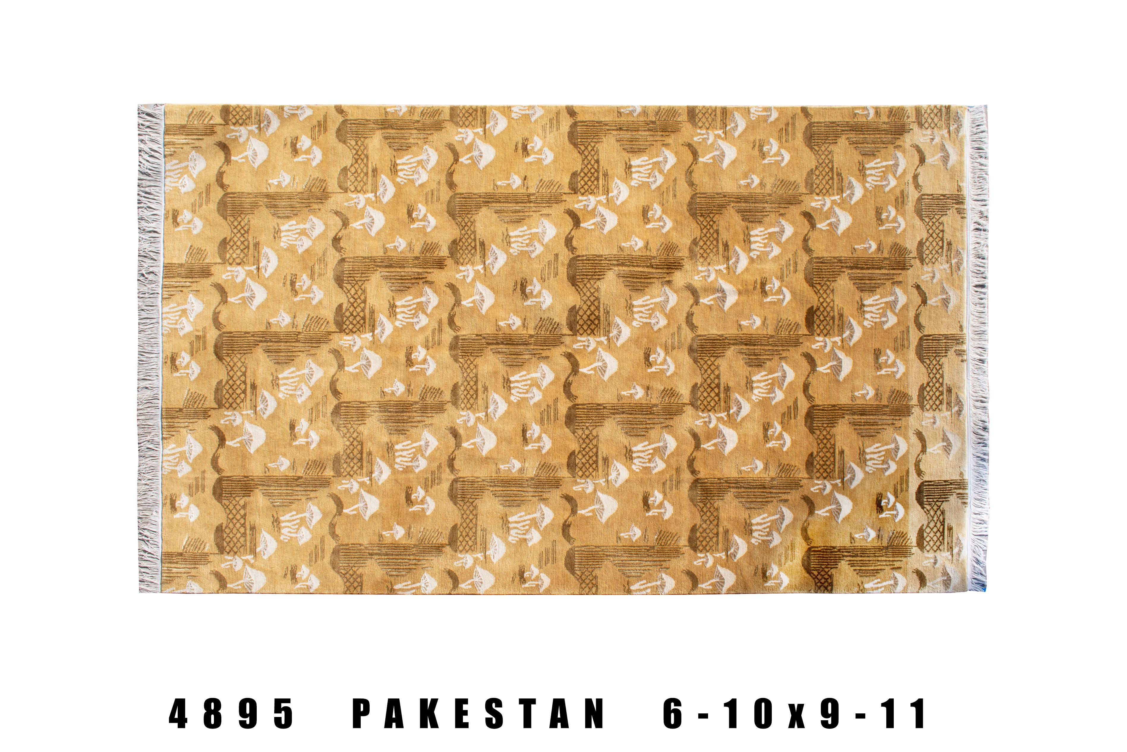 Top view of the hand made designer area rug, Pakestan, with a geometric contemporary design on a Golden background color .