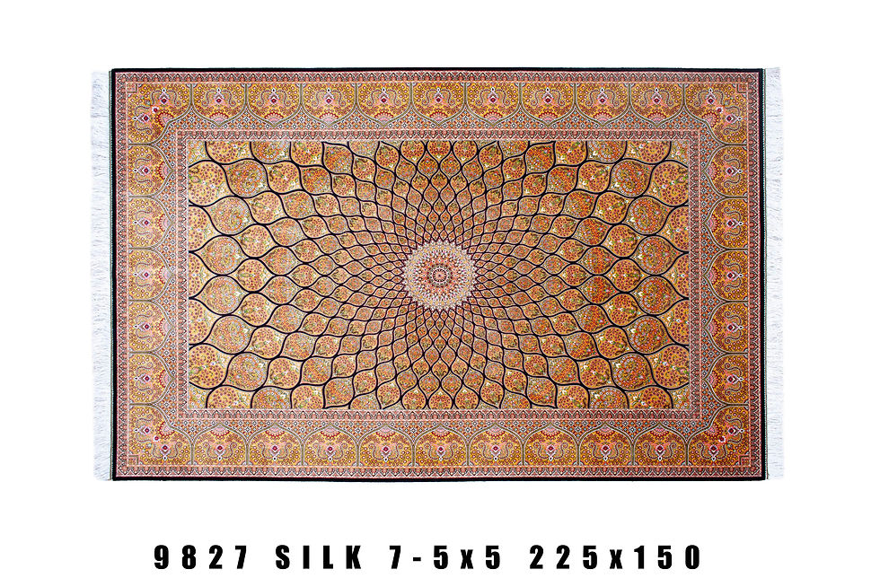 Top view of the Machine Made Persian area rug made of silk with a mirage design, in Copper color.