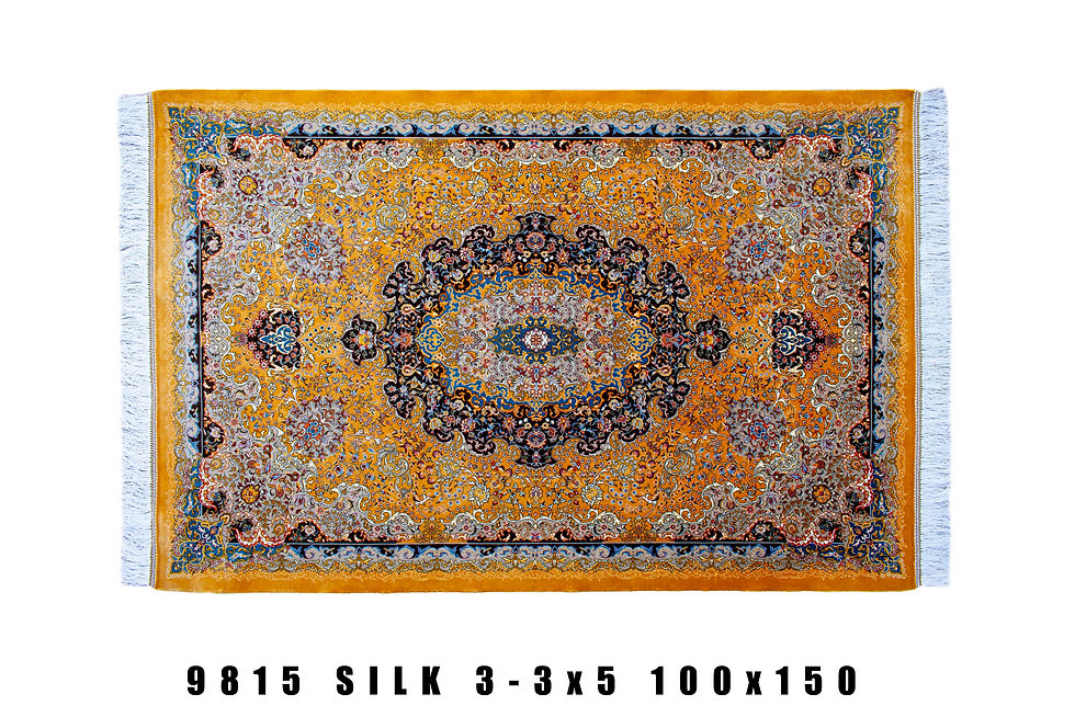 Top view of the machine made Persian area rug, all silk, with a medallion design on an Amber color background.