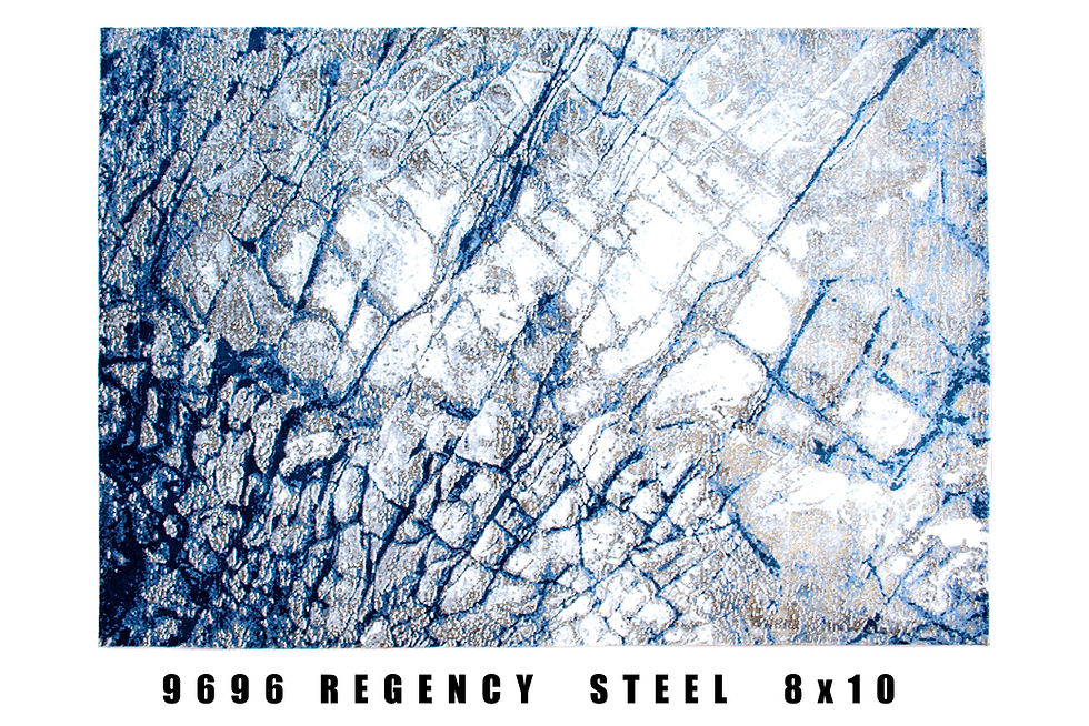 Top view of the Regency Steel Designer Area Rug with Geometric Design in Blue, Gray and White color palette