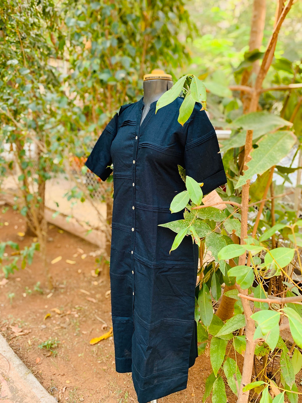 Navy blue button-down dress with short sleeves and subtle stitched details, displayed on a mannequin outdoors.