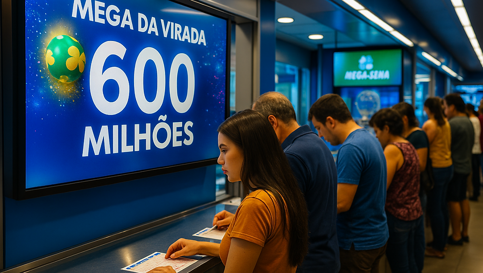 Pessoas fazem apostas em uma lotérica moderna, com destaque para tela da Mega da Virada exibindo prêmio bilionário.