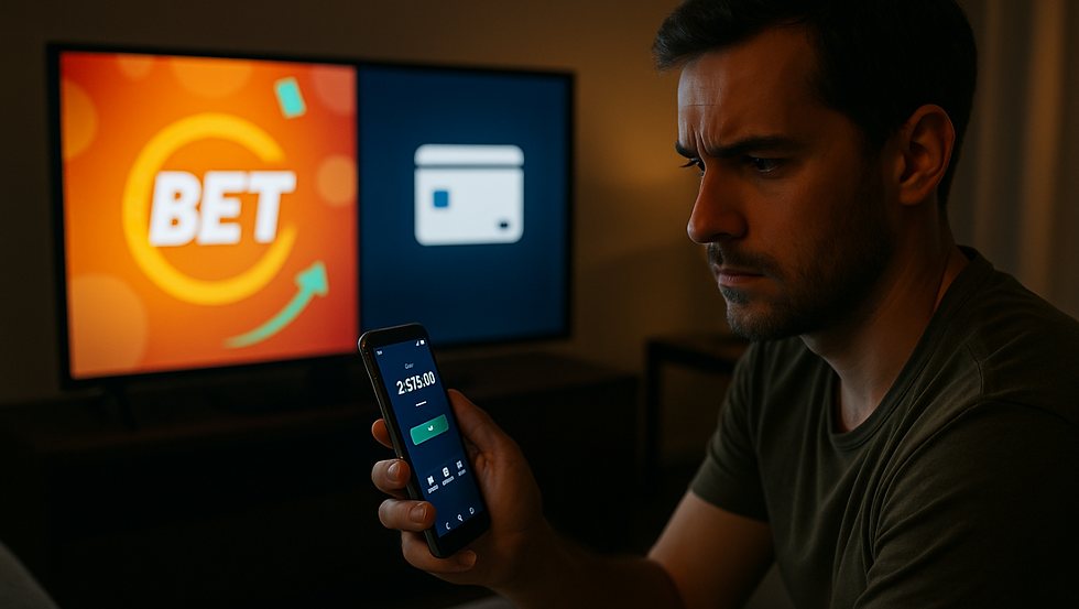 Imagem ilustrativa de homem assistindo à TV enquanto segura um celular com aplicativo bancário, entre anúncios de apostas e crédito.