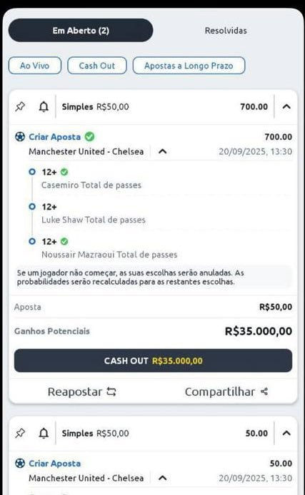 Comprovante de aposta da Betano em Manchester United x Chelsea. Aposta de R$ 50,00 em três seleções de passes, com ganhos potenciais de R$ 35.000,00 e opção de cash out.