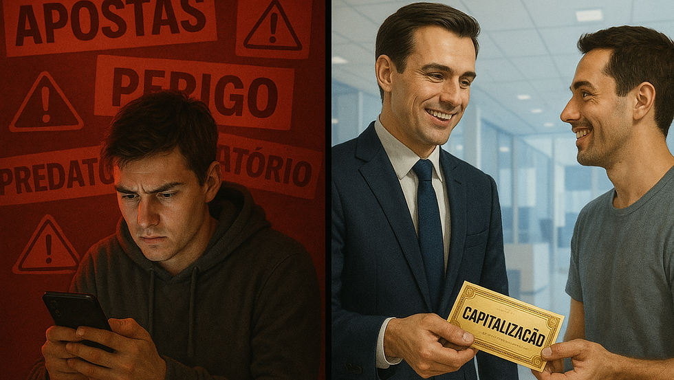 Homem preocupado com celular cercado por alertas sobre apostas predatórias, contrastando com cena de banqueiro sorridente entregando título de capitalização a cliente.