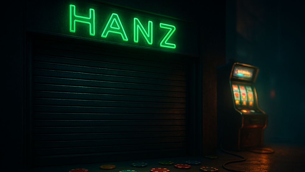 Imagem ilustrativa do encerramento da HanzBet, com porta metálica abaixada, fichas de aposta e slot machine ao fundo.