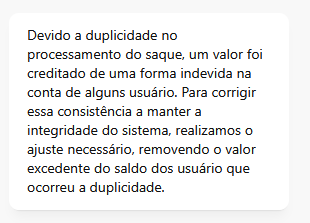Resposta da GoldeBet confirmando correção de valores duplicados.