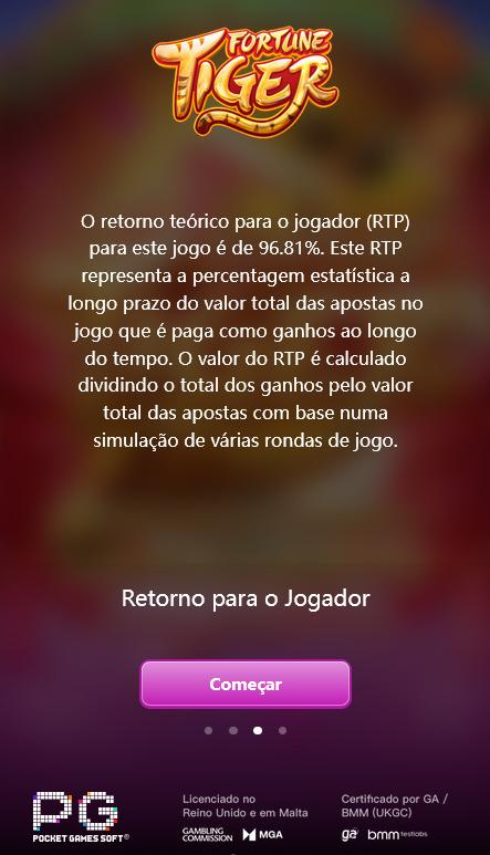 Tela inicial do jogo Fortune Tiger da PG Soft mostrando o RTP fixo de 96,81% com explicação do cálculo estatístico.