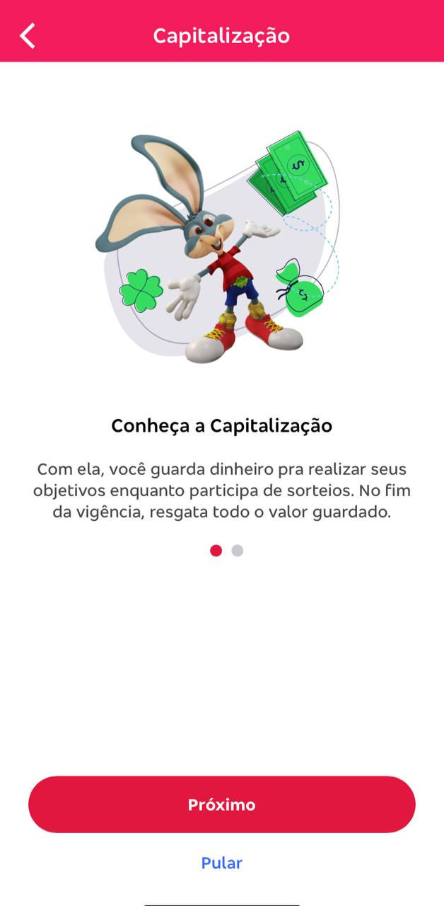 Imagem do app com mascote e descrição do produto financeiro após o clique na promoção.