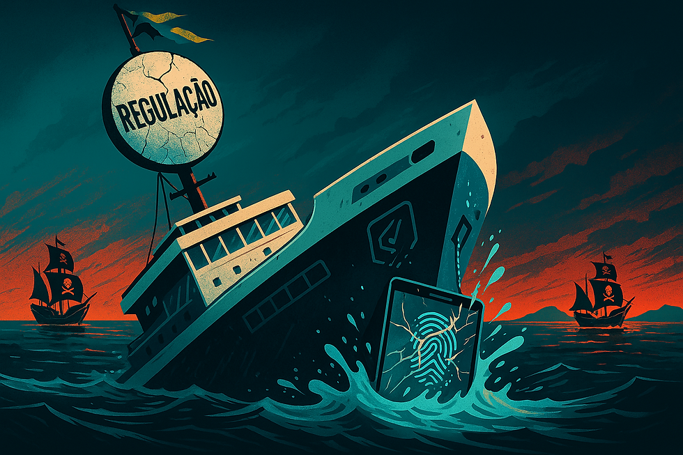 Navio com selo de "Regulação" afundando no mar, enquanto barcos piratas navegam ao fundo, representando a crise do mercado legal de apostas no Brasil.