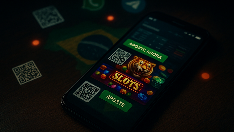 Celular exibindo anúncio de slot ilegal com botões de aposta e QR Codes, sobre mesa com bandeira do Brasil.